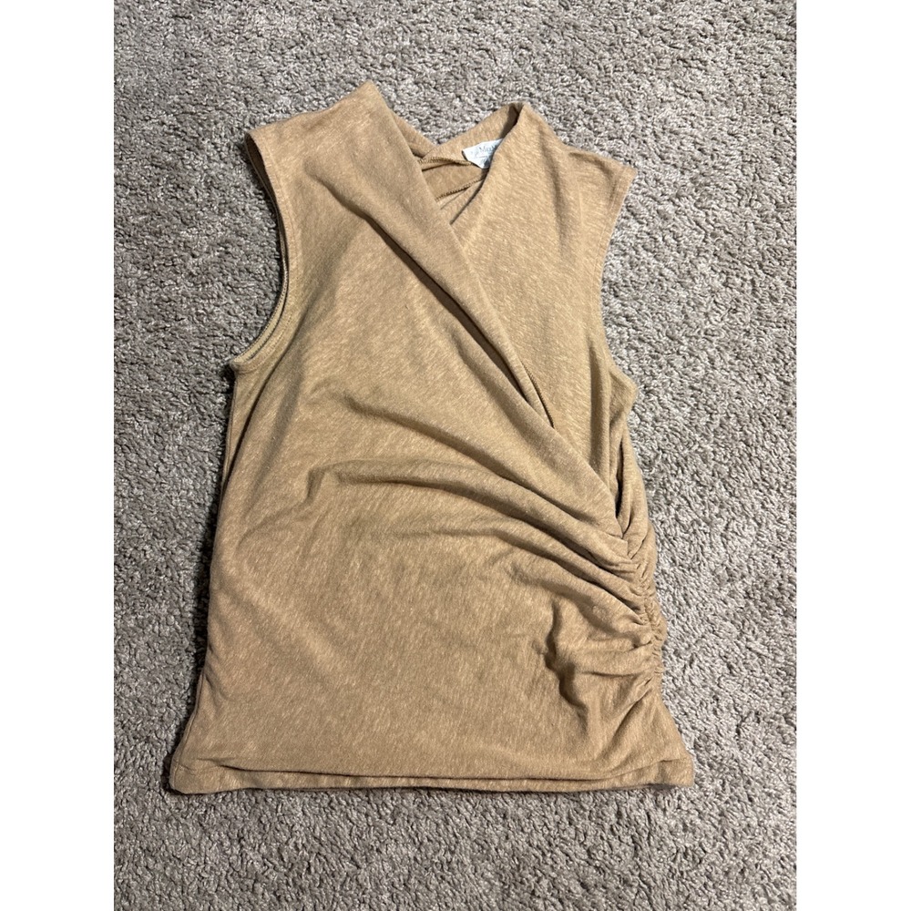 Max Mara Sleeveless Linen Blend Wrap Front Ruched Top Tan. Made in Italy L